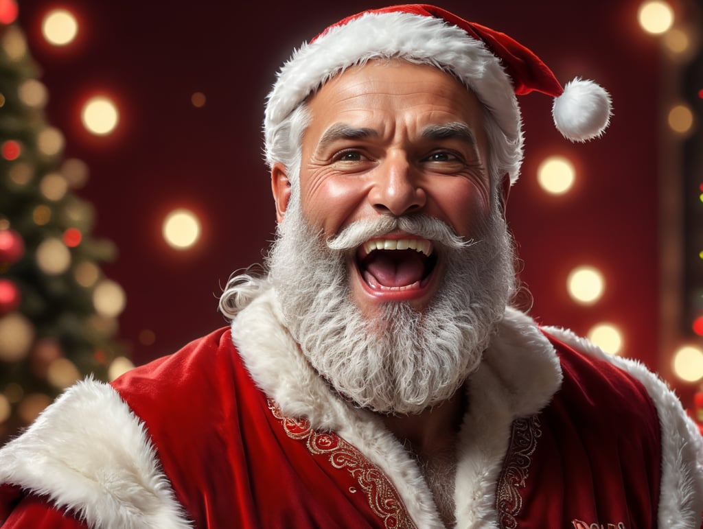 ultra handsome santa claus, white bearded man, middle eastern look, excited, happy, opening eyes and mouth, Bright red solid light color background, hairy chest, heavy beard