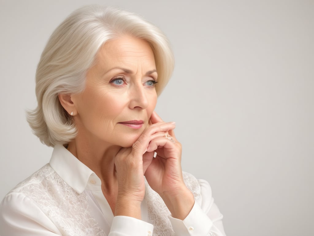 Blonde middle aged woman ponders on something keeps hand near face, white hair, white blouse, mature women, pretty old women, isolated, white background