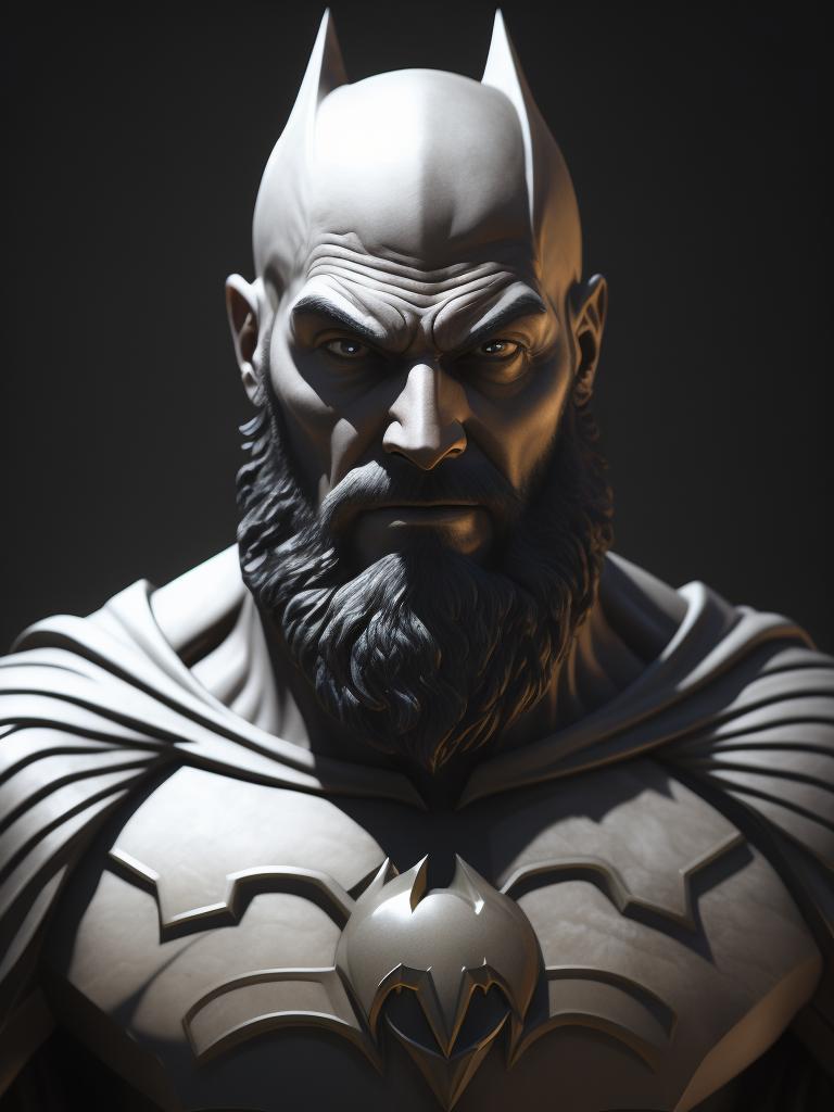 batman bust, with big beard, in marble statue style, dramatic lighting