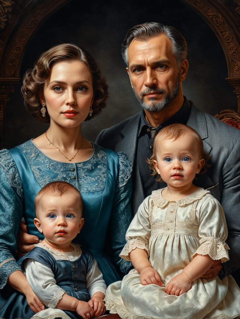 vintage family portrait with 2 babies