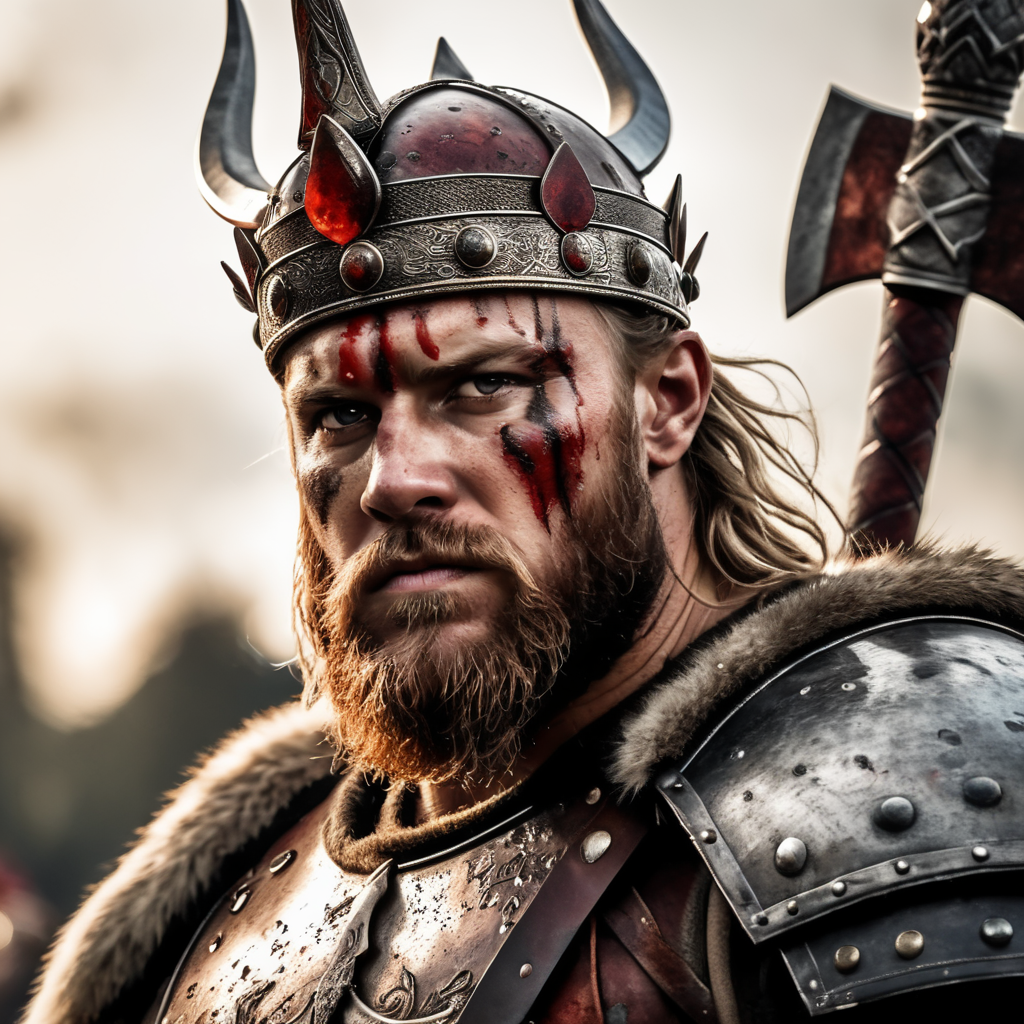 hyper realistic Blood stained viking warrior king with a crown and battle axes