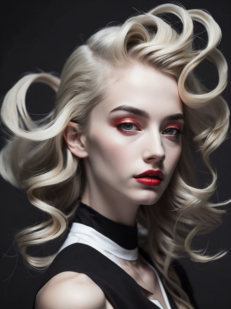 Pale-skinned girl model, wearing a black and white striped dress with a high collar, contrast lighting, Bright red make-up, Black and white curly long hair, dark background, fashion model, magazine cover, professional shot,