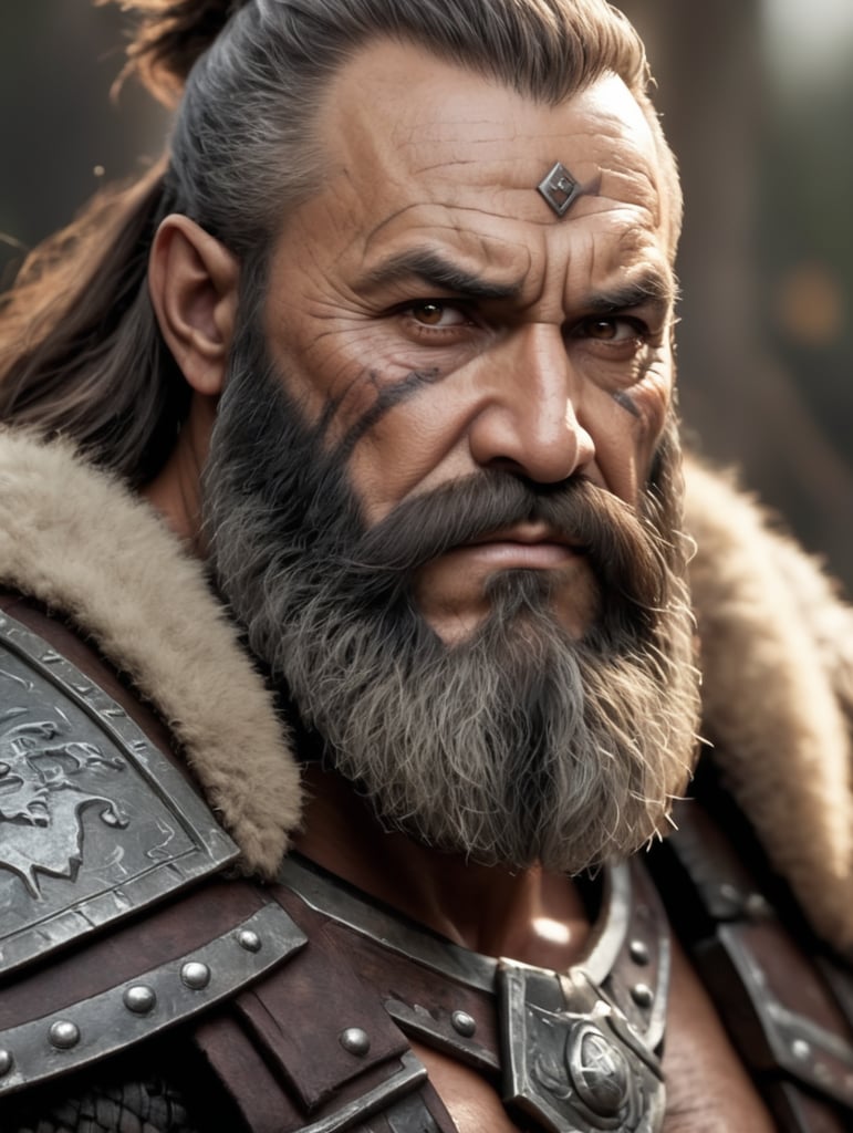 dark fantasy dwarf barbarian, 55 years old, brown hair, long beard, brown eyes, scar under left eye