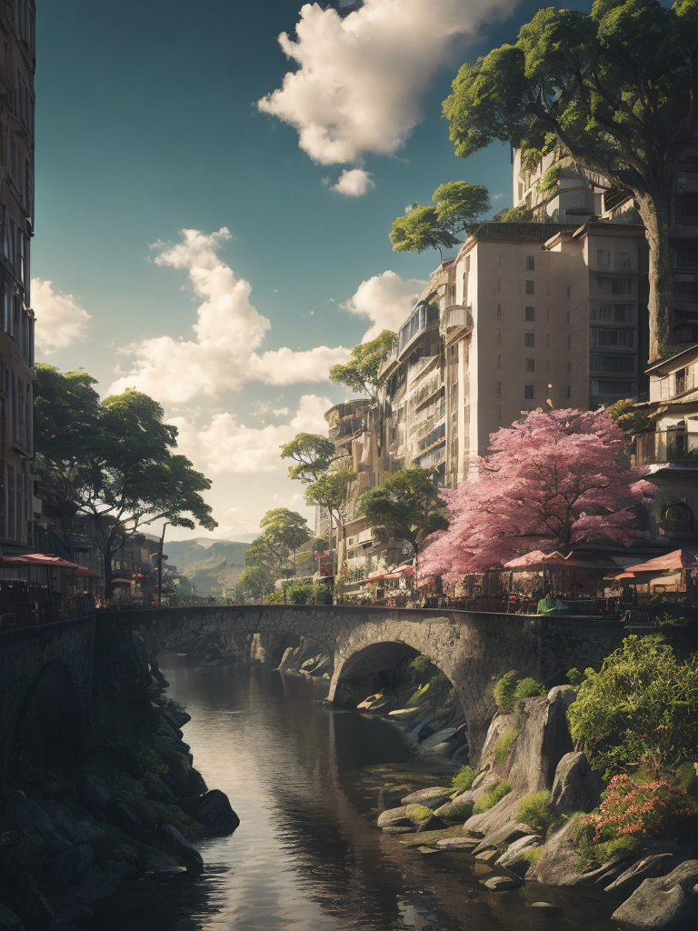 a futuristic town with trees, rivers, waterfall, beauty houses, sunshine, pink clouds, dolphins