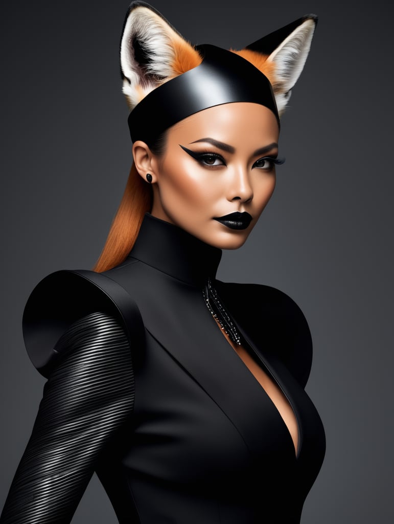 A Fox, avant-garde, simplygo, photoshoot spread, dressed in all black, black background, harpers bizarre, cover, headshot, hyper realistic
