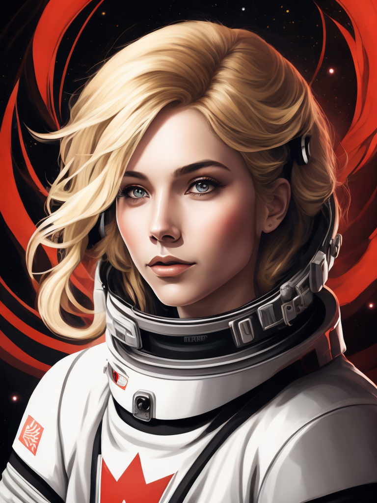 Highly detailed portrait of a hopeful pretty astronaut lady with a wavy blonde hair, by jamini roy, 4k resolution, nier:automata inspired, bravely default inspired, vibrant but dreary but upflifting red, black and white color scheme! space nebula background