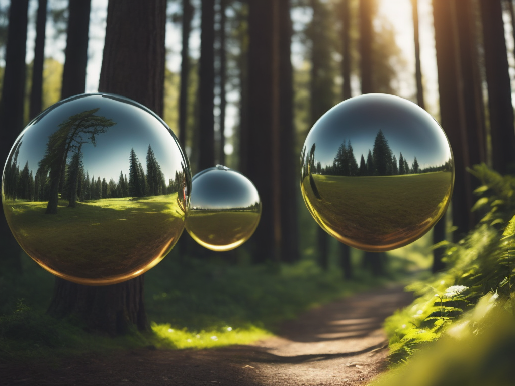 chrome round balls flying in the forest, no blur, sharp focus, cinematic lighting, epic scene