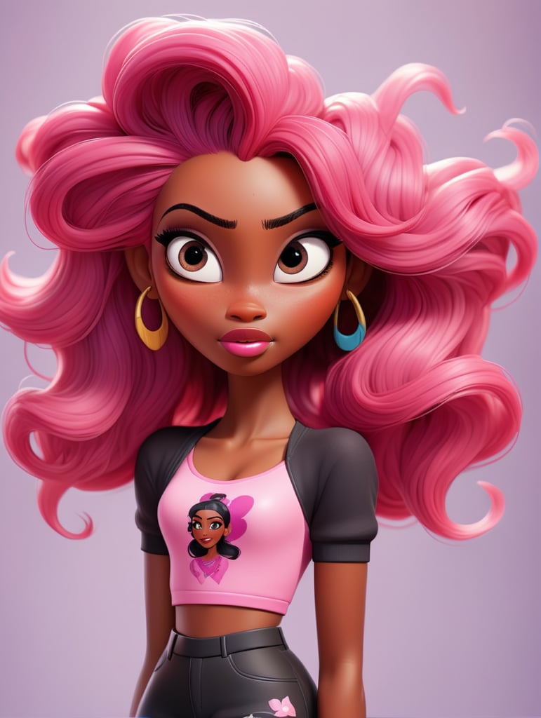 Black woman with long pink hair and crop top