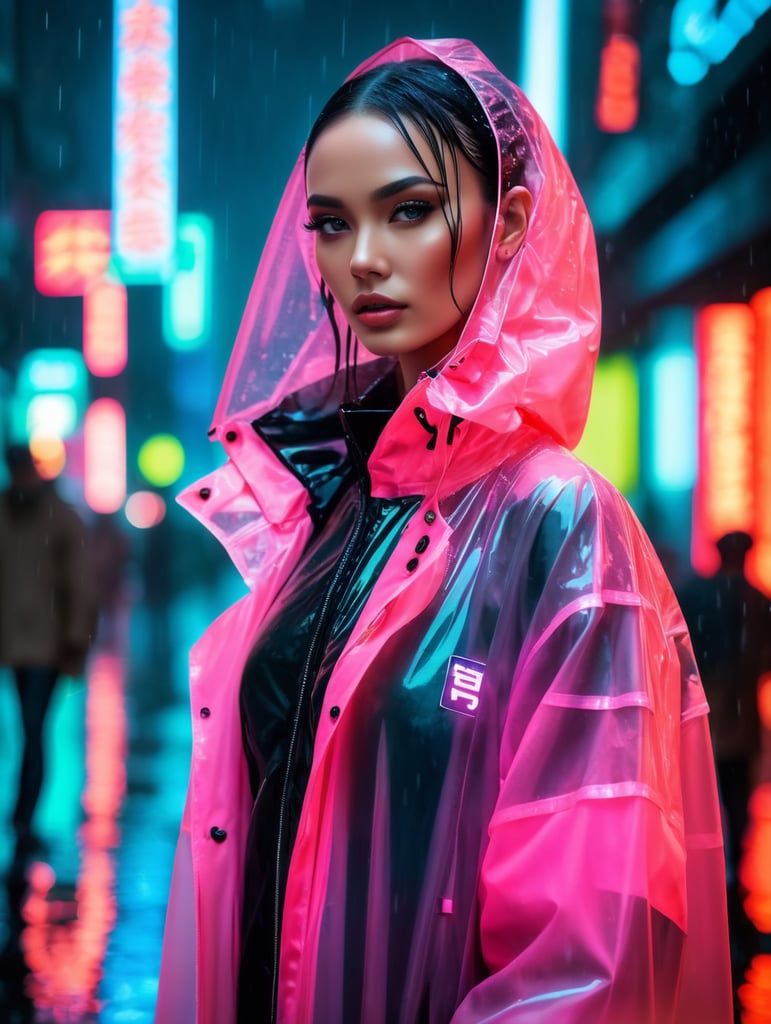 Portrait of A super model women wearing translucent raincoat, standing on a street under the heaviest rain, neon cyber city, dark night, neon signs,