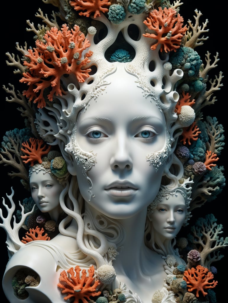 a white sculpture of a woman's face surrounded by corals, a surrealist sculpture by Winona Nelson, trending on zbrush central, kinetic art, biomorphic, trypophobia, lovecraftian