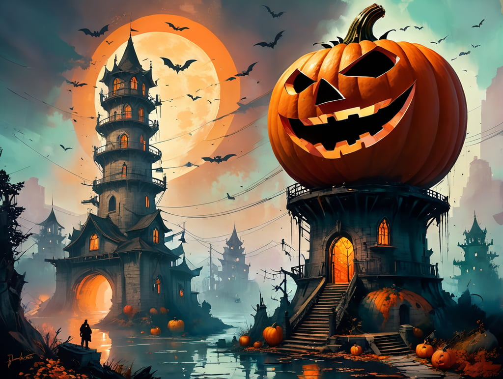 make me an art halloween theme park oil painting with scary large pumpkin on top of a tower