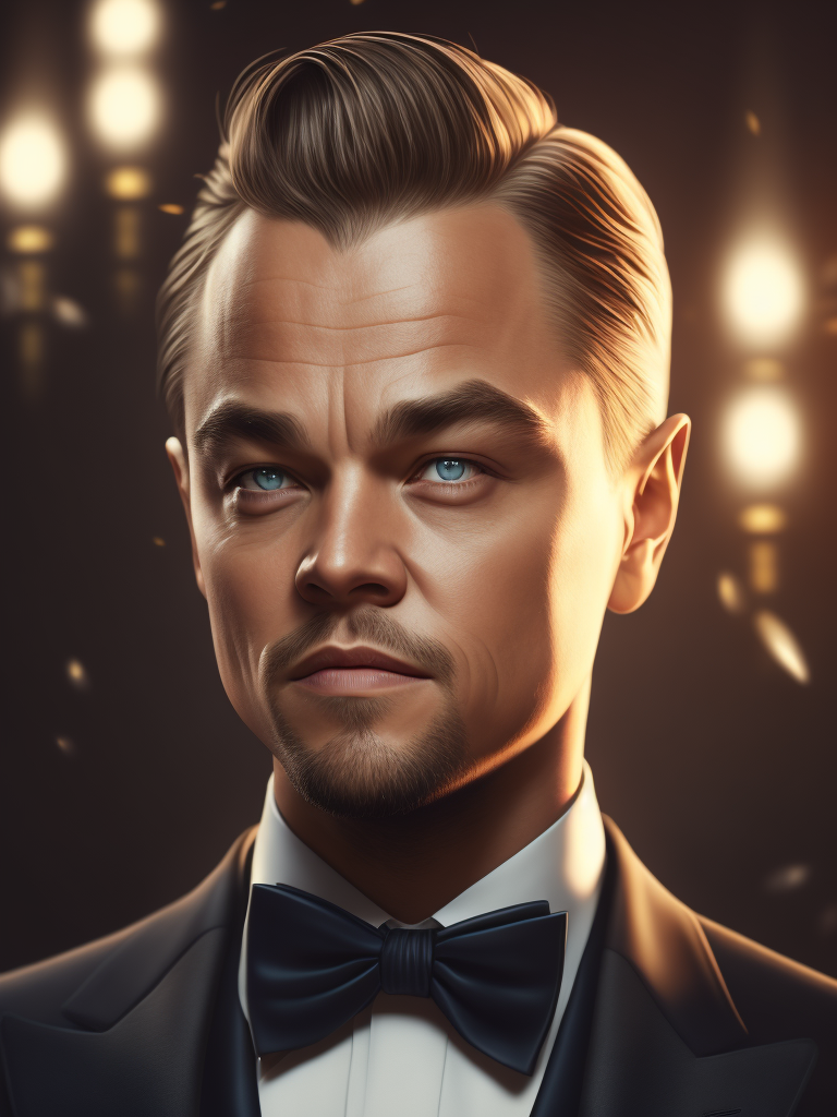 Portrait of Leonardo DiCaprio in a bow tie tuxedo, contrasting light, detailed face, muted tones