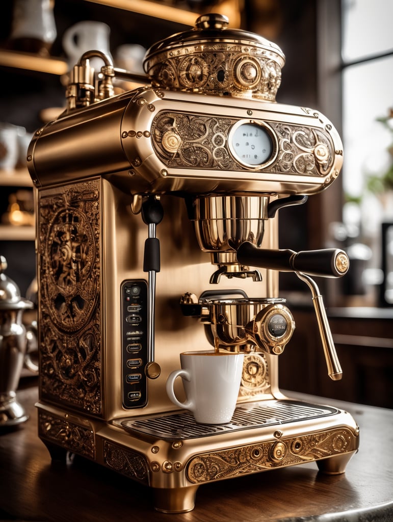 coffee maker made in steampunk style, decorated with gold, carved white plastic, ivory color, deep engraving