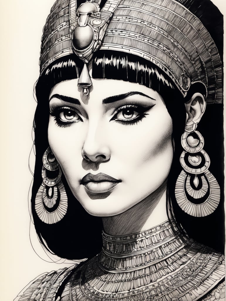 Cleopatra, Ink pen sketch, low light, low detail,