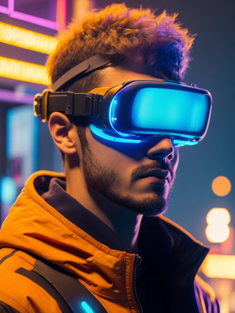 Man wearing virtual reality glasses, cyberpunk style, neon colors, bright colors, bright blue glowing glasses, sharp details, contrasting light