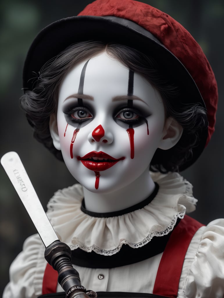 3d gothic porcelain doll as mimes with tears of blood hyper realistic 8k holding a pipe wrench