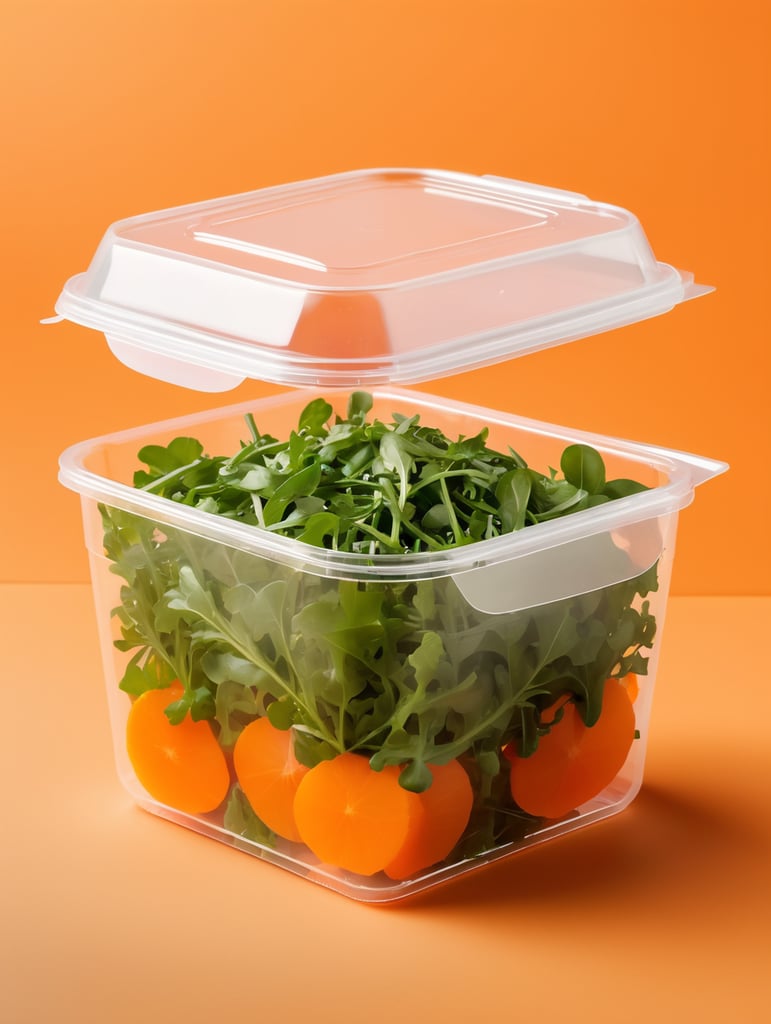 blank Transparent Plastic Container with Arugula Salad, isolated, orange background, Mockup, mock up