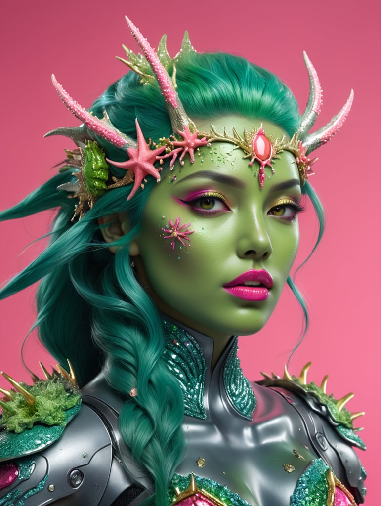 Make image look realistic Include green skin tone Include pink lips Include hot pink background Include pink seastar on forehead include gold coral headdress Include aqua colored hair Include ice shards on shoulders of grey colored hero suit