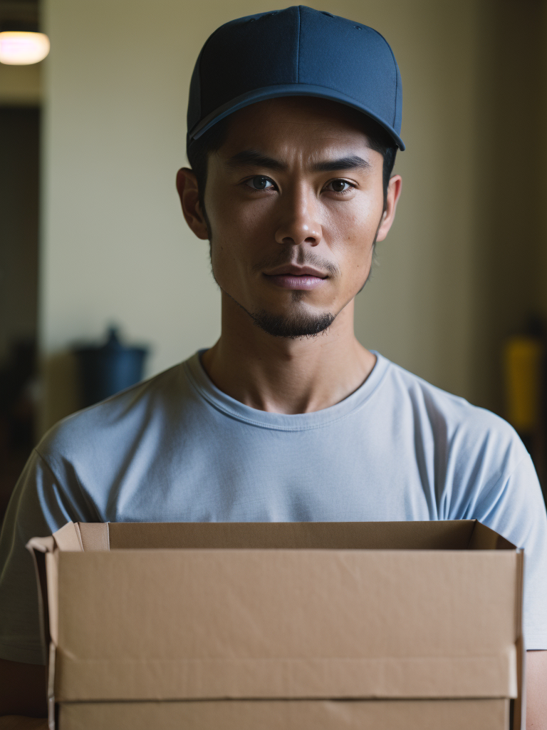 portrait of a delivery (((Chinese man))), wearing a white cap and white t-shirt, holding a box