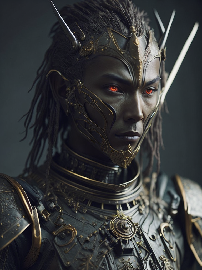 Masterpiece sculpture of an ornate japan mechanical robot samurai , and jean delville, symbolist, dramatic lighting, god rays, elaborate geometric ornament, art brut, rich colors, smooth, sharp focus, extremely detailed