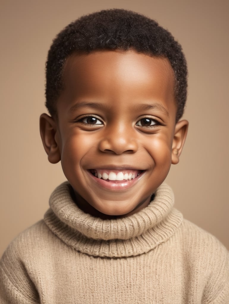 a potrait of a happy cute small 5 year old african boy in a warm poullneck sweater smiling