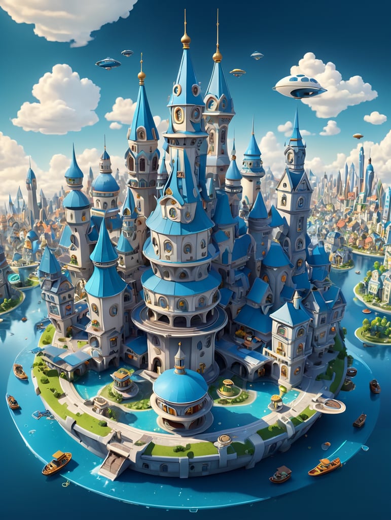 The futuristic city with a floating spire in the center, isometric design