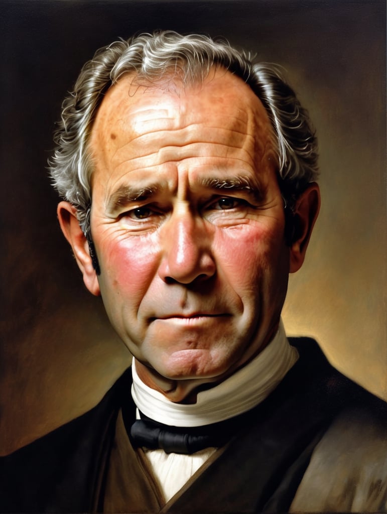 Portrait of George W. Bush by Rembrandt Harmenszoon van Rijn, sad face, America, so sorry