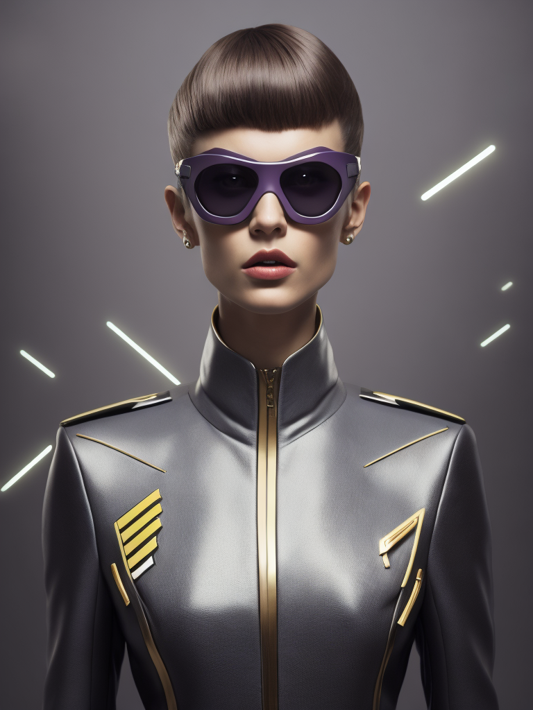 extremely detailed real photo with complex small details: thin beautifull super model in an elegant purple minimalistic suit couture, yellow details on uniform, clean grey color background, modern 1950's tight suit, wearing blow up sunglasses with futuristic see throug glass visor on top, hyper realistic, colored sharp lips, skin texture detailed, scifi, editorial fashion, Futuristic art, real person, futuristic fashion, sharp lines, light sources from above, cinematic lighting, smooth color grading, dynamic white, award winning photo, editorial photography, shot with PhaseOne camera