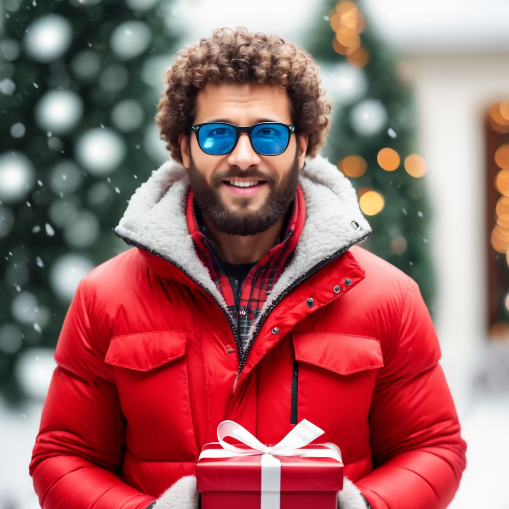 portrait of a bearded curly man wearing red puffer jacket, reeding glasses, stands front camera with gift box his hand, snowy weather, Christmas time, blurry background