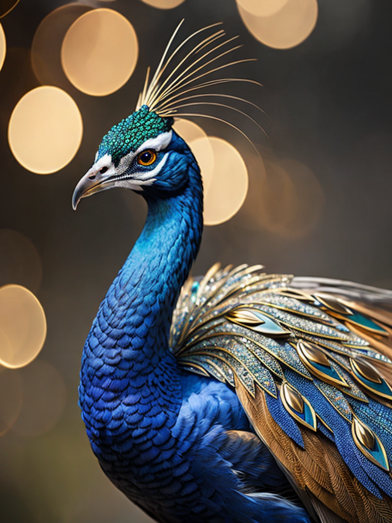 Magical king peacock wearing expensive jewelry that is magnificent, incredibly detailed, intricate, with brilliant bright shimmering sparkling glittering diamonds on glowing shining precious luminous gold, Royal rich luxurious