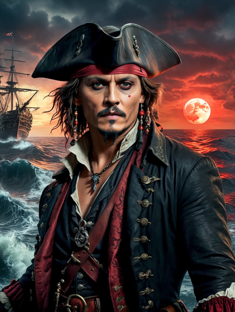 By J.M. Barrie and Gore Verbinski, imagine Johnny Depp as an enchanted pirate navigating through a haunted, ghostly sea under a blood-red moon on Halloween night, eerie, adventurous, Halloween, cinematic photography, action shoot, movement, epic, high definition