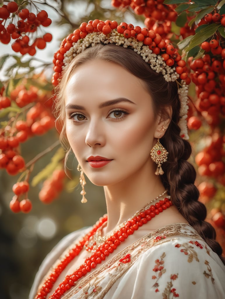 Portrait of a Beautiful women from Russian fairy tale wearing traditional costume around bunches of rowan