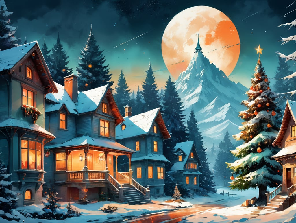 christmas card, santa claus in the foreground, christmas tree, fairytale houses, atmosphere of christmas and joy, sky strewn with stars. the postcard was made in the 60s