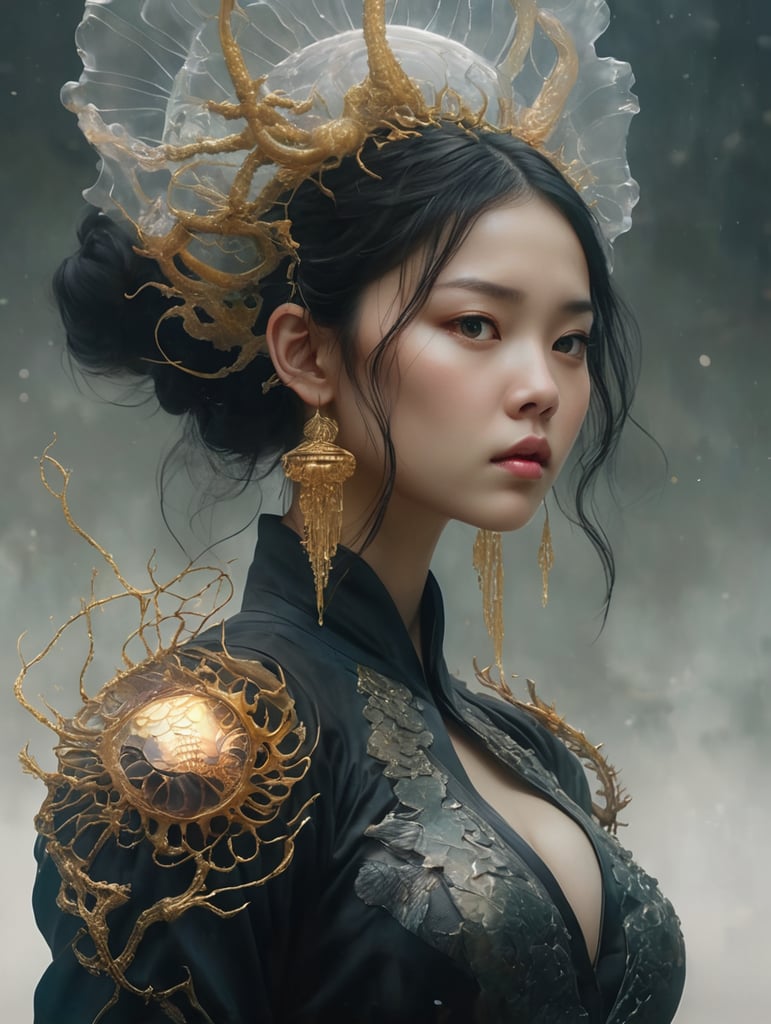 "In a mesmerizing 16K composition, a girl adorned with exquisite details stands before a water dragon in this AI-generated masterpiece. Realism meets cinematic allure with HDR enhancing contrast, vibrant colors, and a touch of muted tones for a soothing ambiance. Cinematic and ambient lighting cast warm tones, intensified by bright and intense elements for a captivating effect. This ultra-realistic illustration, influenced by the artistry of Android Jones, Januz Miralles, and the unique style of Hikari Shimoda, features a ghostly jellyfish radiating a shiny aura. Gold filigree and intricate motifs, inspired by the craftsmanship of Yoshitaka Amano, W. Zelmer, and otherworldly landscapes by Yoji Shinkawa:2.0, add depth. The composition skillfully blends elements from necronomicon art, botanical art, Egon Schiele, and Luis Royo, resulting in a masterful play of shadows, hyper details, and hyperrealistic qualities. An anime-inspired character with a hypnotic gaze, black baccara:2.0 mosaic glass scales, and an e