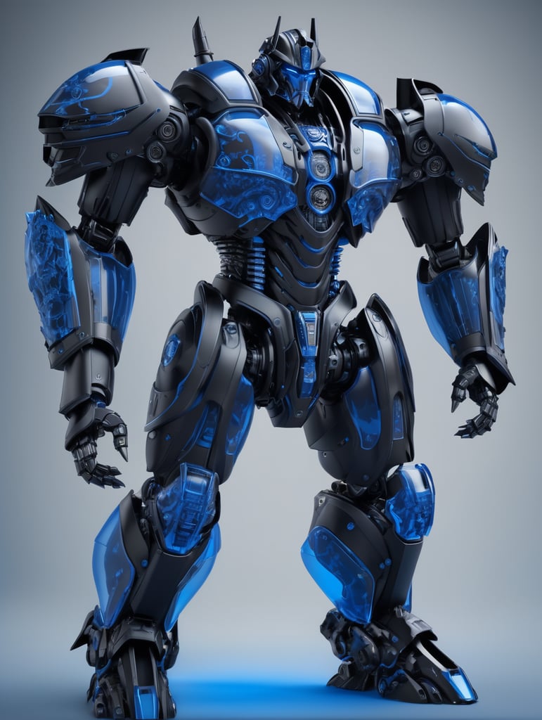 Matte black and blue mecha armored sith lord, black on blue, octane render, translucent, transparent, robotic detailing, realistically detailed, soft light, evoking,