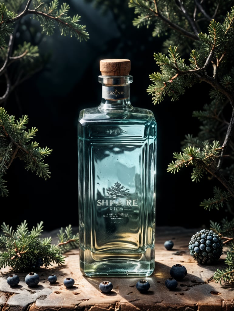 professional photography of a square gin bottle, square bottle, surrounding a juniper and juniper berries, one shot of gin in a front, no label, clear, mockup