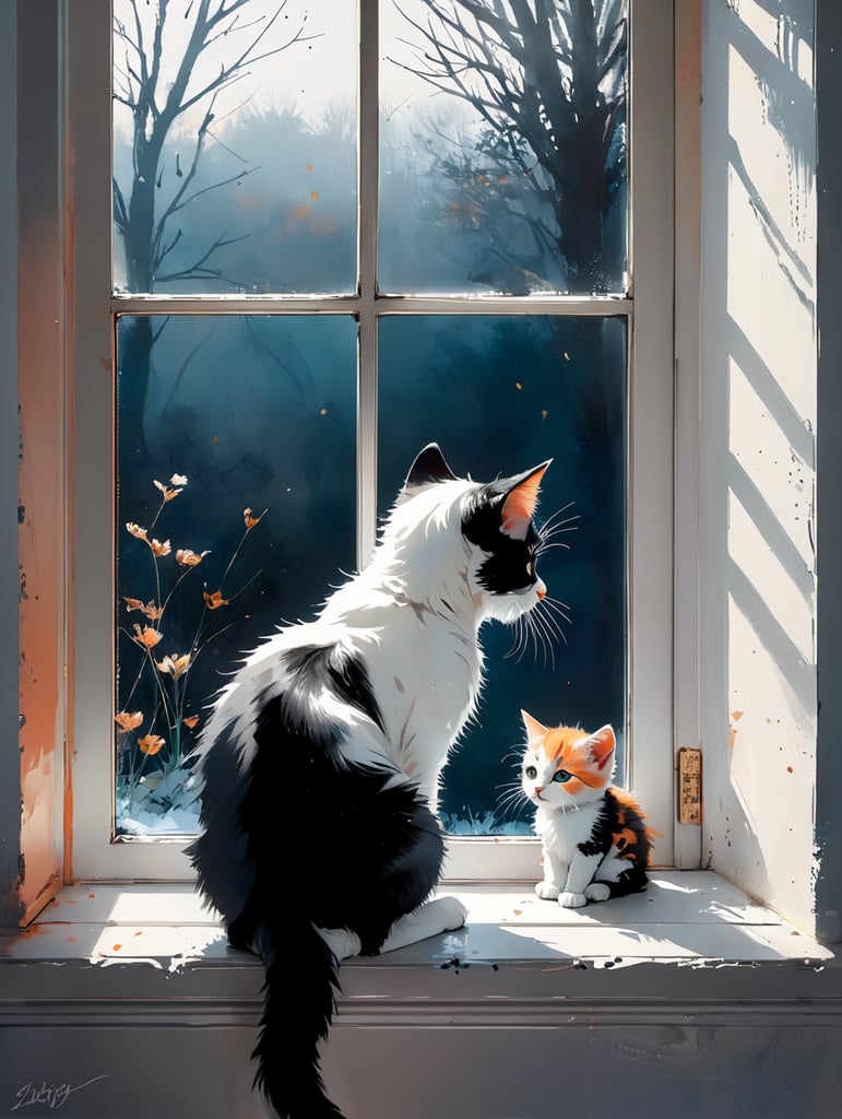 Back view of a black and white kitten sitting on a windowsill looking at a wintery garden