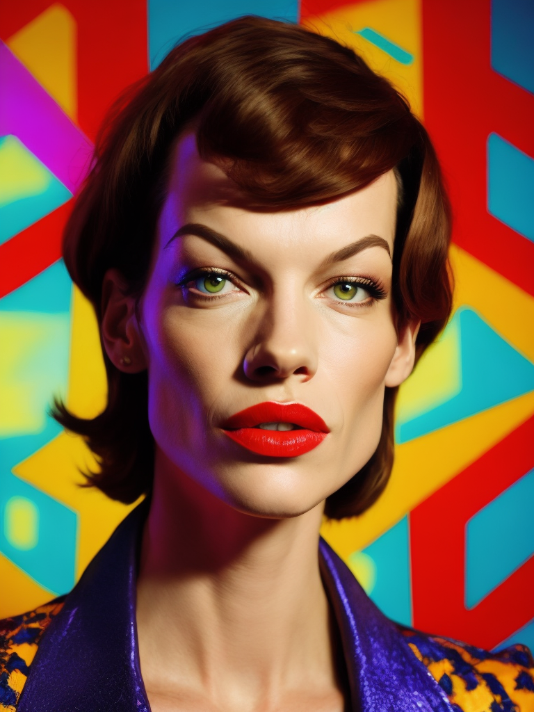 Portrait of Milla Jovovich, Vivid saturated colors, Contrast color, studio photo, professional photo, Rich colors, Detailed image, detailed face, style of Miles Aldridge
