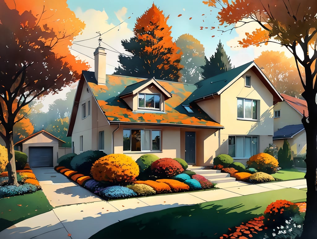 Small garden with lawn, trees and flower beds in Autumn early morning view from inside garden