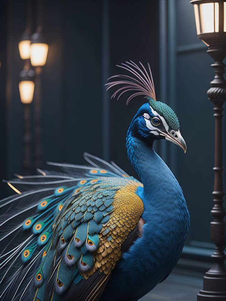 Magical king peacock wearing expensive jewelry that is magnificent, incredibly detailed, intricate, with brilliant bright shimmering sparkling glittering diamonds on glowing shining precious luminous gold, Royal rich luxurious