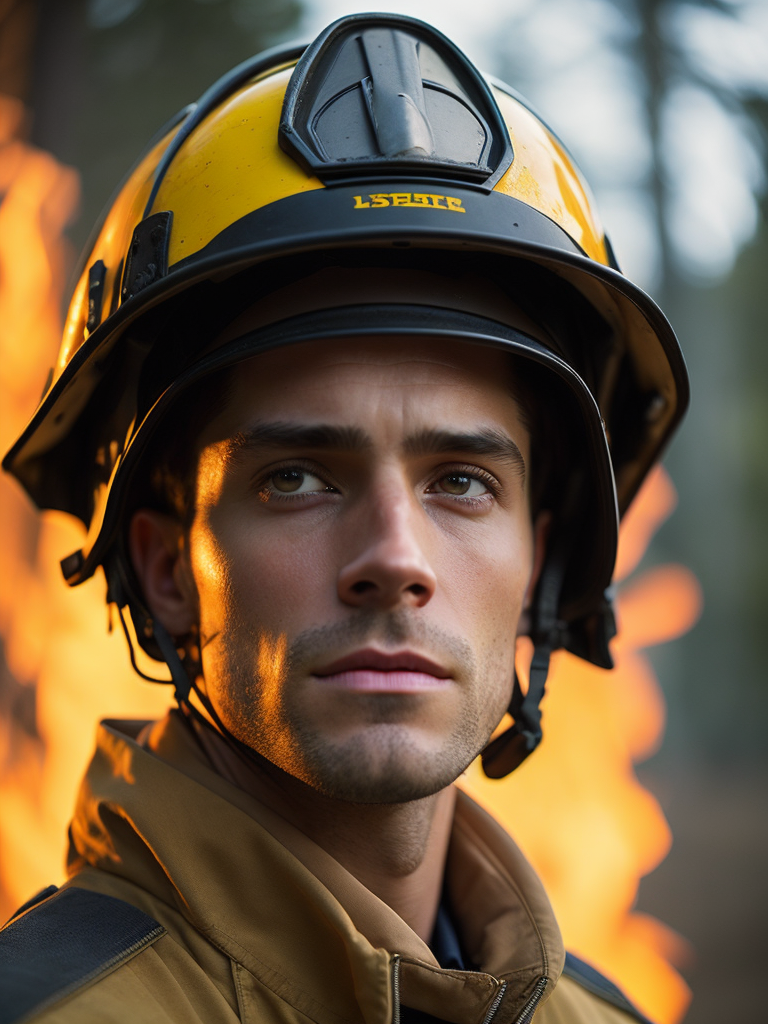 epic portrait of a Firefighter, close-up, forest fire, British Columbia Wildfire, Canada