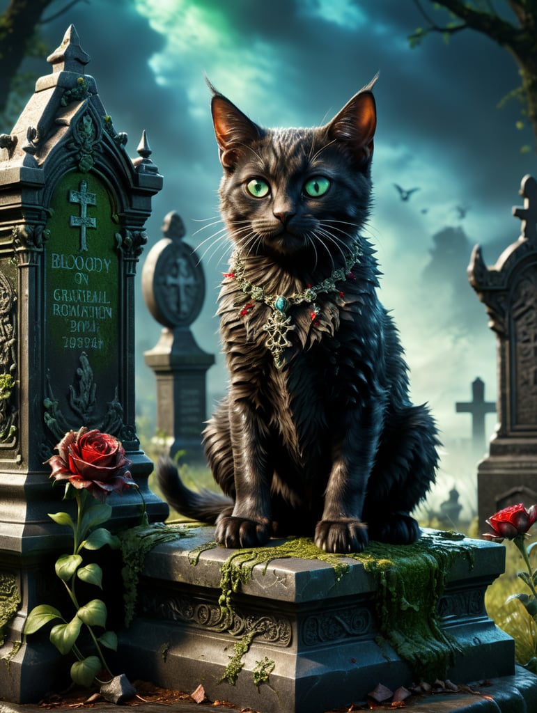 dark vintage horror szene bloody winged zombie kitten sitting on a gravestone at a graveyard,s, green and blue light, game art, bokeh, green, scary, sketch, centered,Artist Salvador Dali. trending on artstation, sharp focus, studio photo, intricate details, highly detailed, by greg rutkowski" by WETA FX and industrial light and magic, intricate elaborate RTX enhanced CGI render by artist "american romanticism" -dramatic "film noir"" surreal dark black hues, surreal bright black colours , surreal dark white background, detailed matte painting, deep color, fantastical, intricate detail, splash screen, complementary colors, fantasy concept art, 8k resolution trending on Artstation Unreal Engine 5