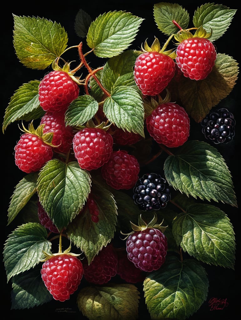 raspberry, with berries, with leaves, large, fresh, watercolor