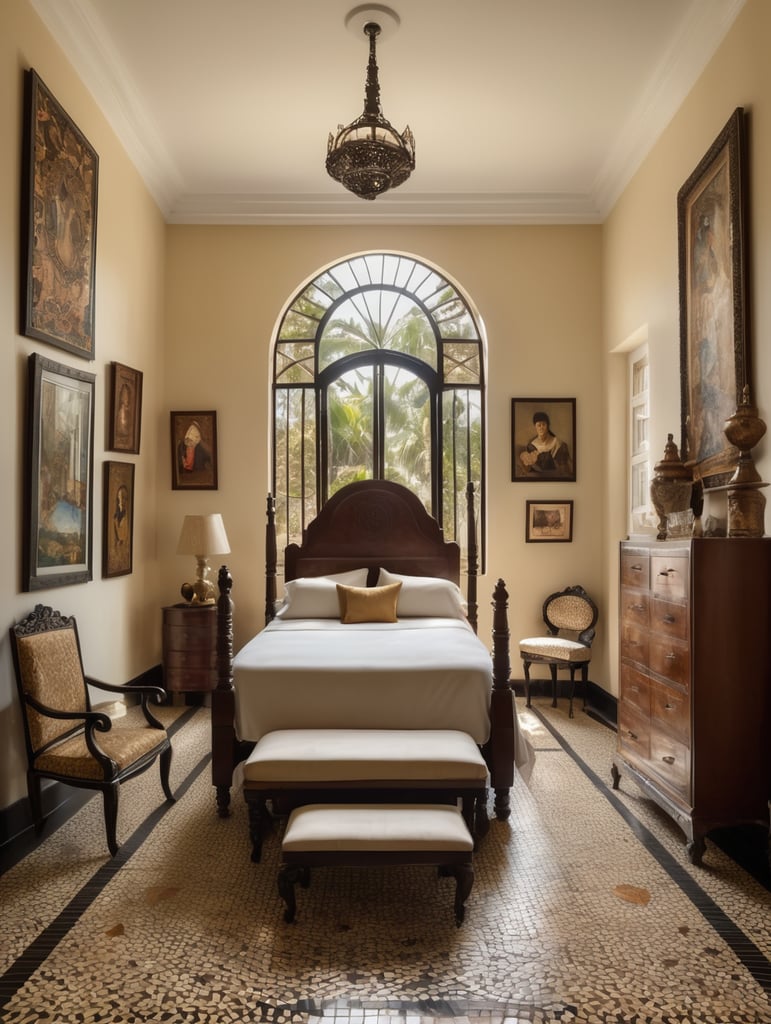 A masterpiece painting of a cuban colonial house bedroom interior, with cuban mosaic floor, a huge window in the right, the light comes from right, and there's a dark wooden colonial chair in the middle, some paintings and portraits, cream colors, central perspective, masterpiece composition