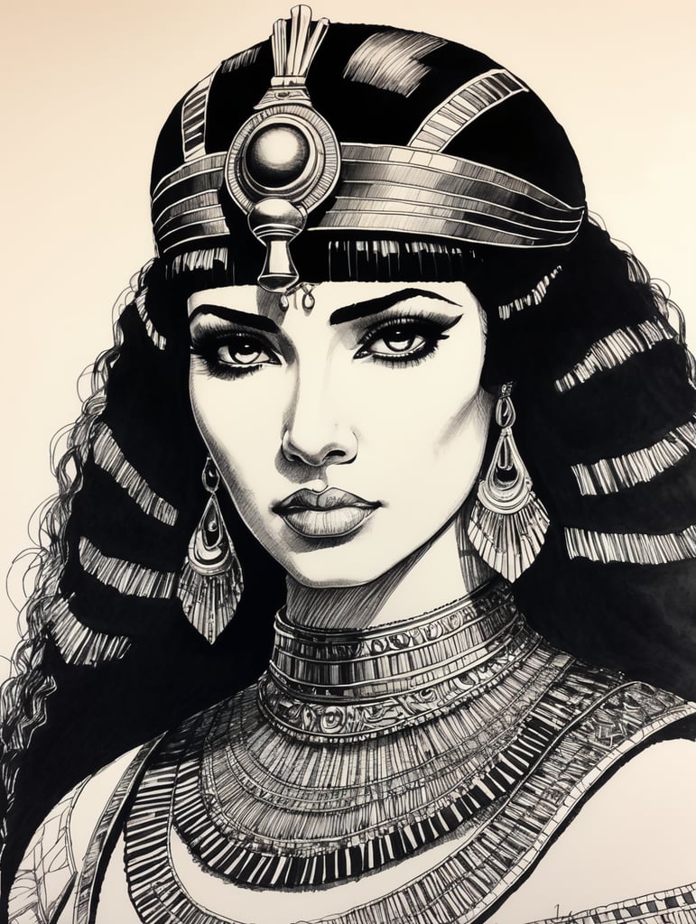 Cleopatra, Ink pen sketch, low light, low detail,