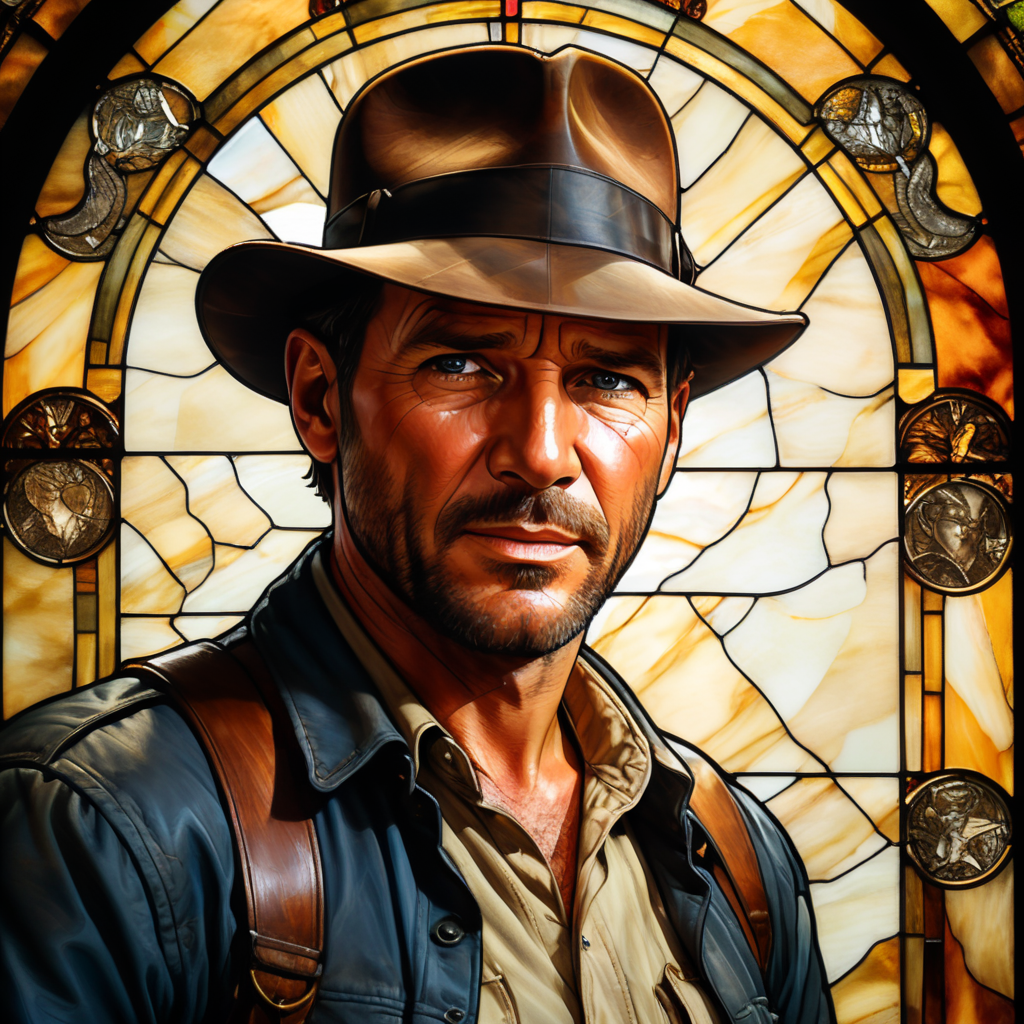 liberty Stained glass Tiffany style portrait of indiana jones, simple, vector style, few colors