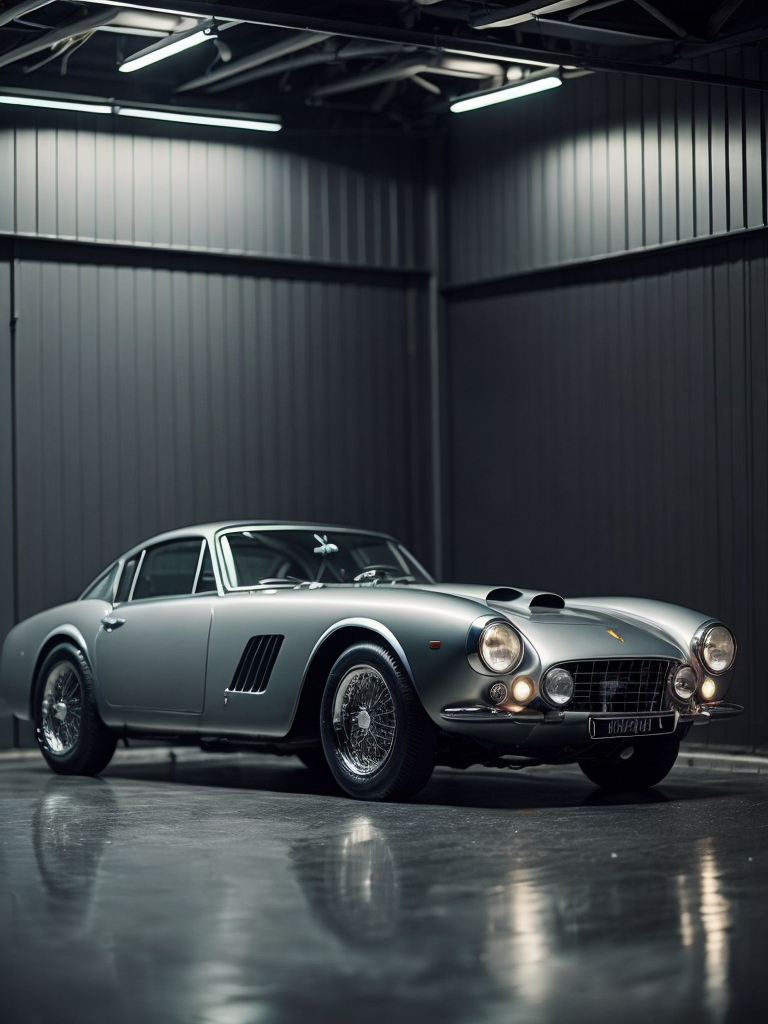 A realistic photo of ferrari 250 gt berlinetta (1956) silver in a showcase garage, reflections on the black metallic silver floor, mirrored walls in the background, black lighting, cinematic, 8k, black lighting