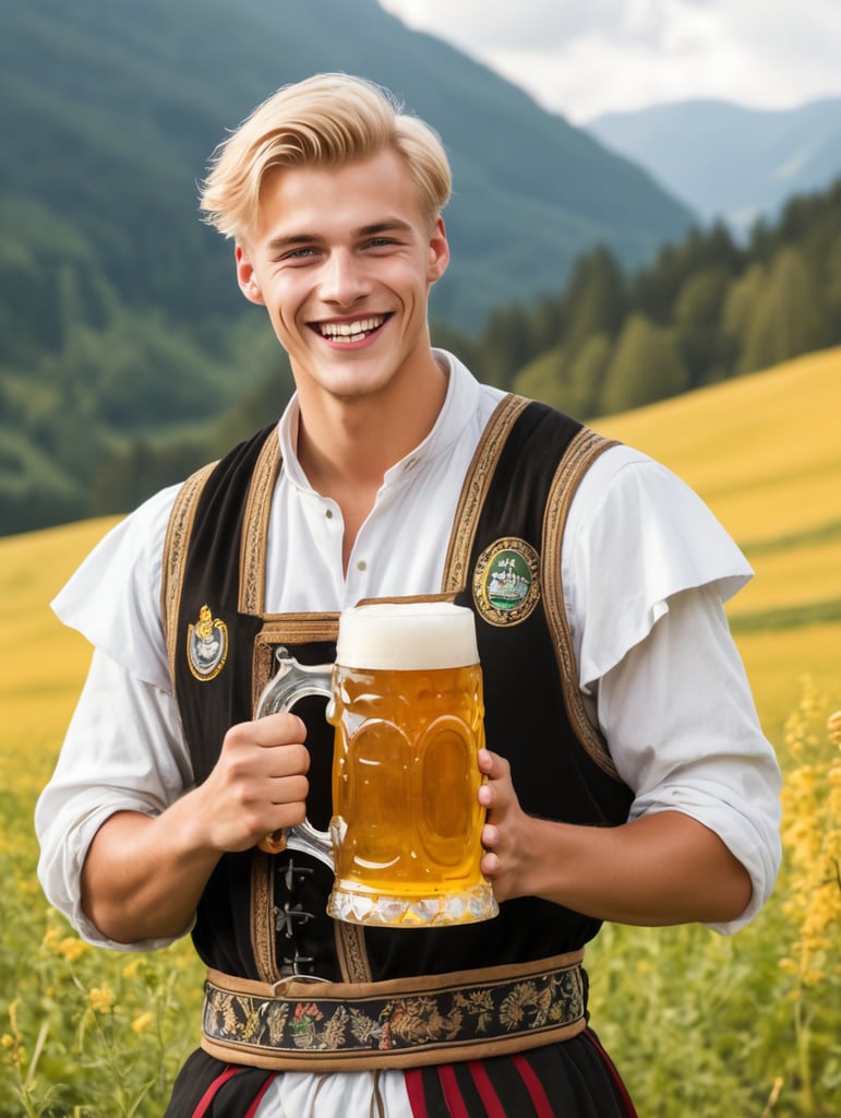 Young blonde German 20 year old male wearing a traditional german costume with a smile on his face holding a large beer mug chumming butter in the paradise mountain fields