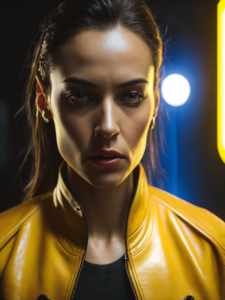 cinematic shot, a women looks on the camera, wearing yellow leather jacket, yellow lighting right side reflecting on her face, weak blue lighting left side reflecting on her face, canon 50 lens, focus on the face everything else is in blur, the blade runner scene.