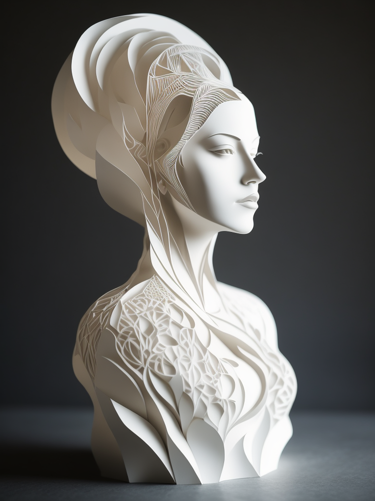 White cut paper sculpture woman, focus on details